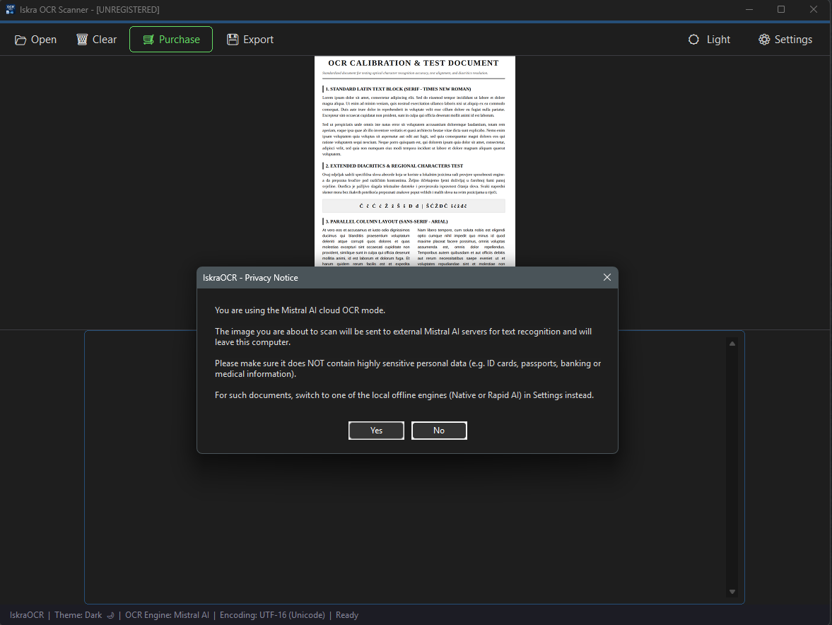 Iskra OCR Scanner Cloud Privacy Warning Prompt