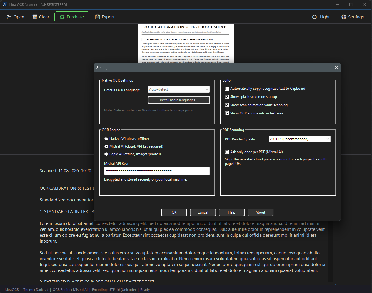 Iskra OCR Scanner Settings Window